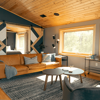 Interior of a modern home with Alaskan Yellow Cedar paneling on the ceiling
