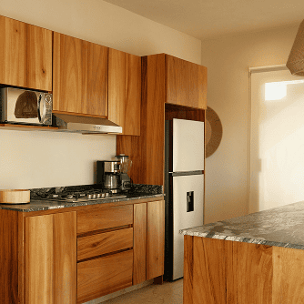 A kitchen with richly stained Douglas Fir cabinets