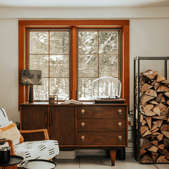 Windows inside a home that are framed with Douglas Fir lumber