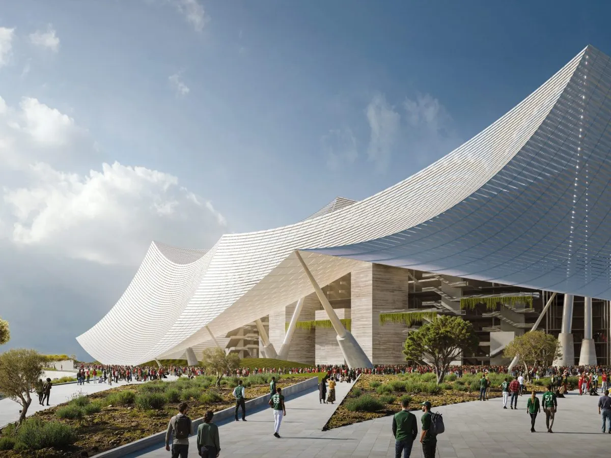 Close up rendering of the Grand Stade II from the main entrance with people